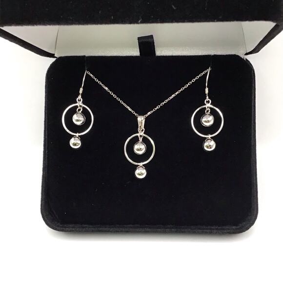 925 Sterling Silver Necklace & Earrings Set Ball Pendant 18" Dangle Hooks - Picture 4 of 11